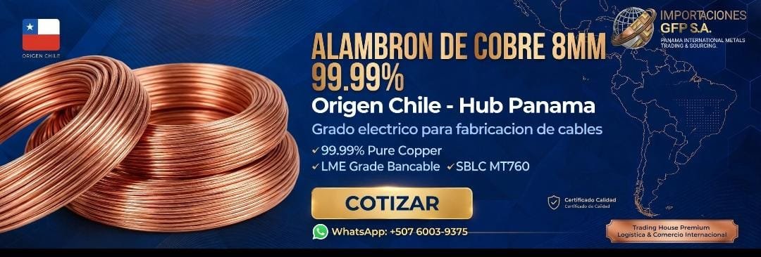 Alambrón de cobre de 8 mm, pureza 99.99 %, origen Chile