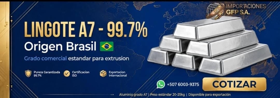 Lingotes de aluminio A7, pureza 99.7 %, origen Brasil