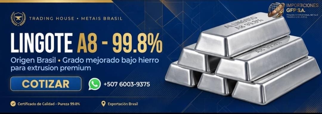 Lingotes de aluminio P1015, pureza 99.85 %, origen Brasil