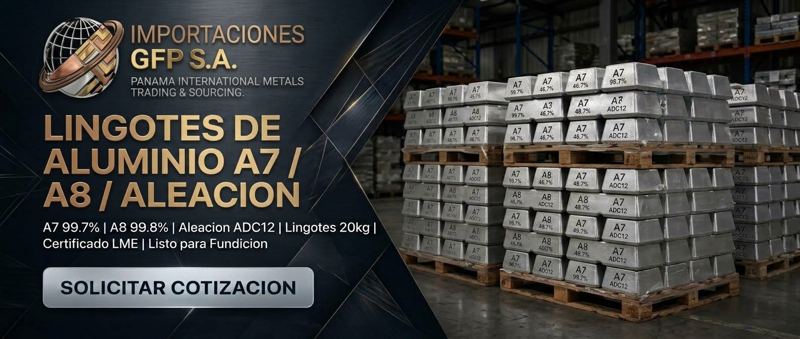 Lingotes de aluminio A7, A8 y aleación ADC12, listos para solicitar cotización