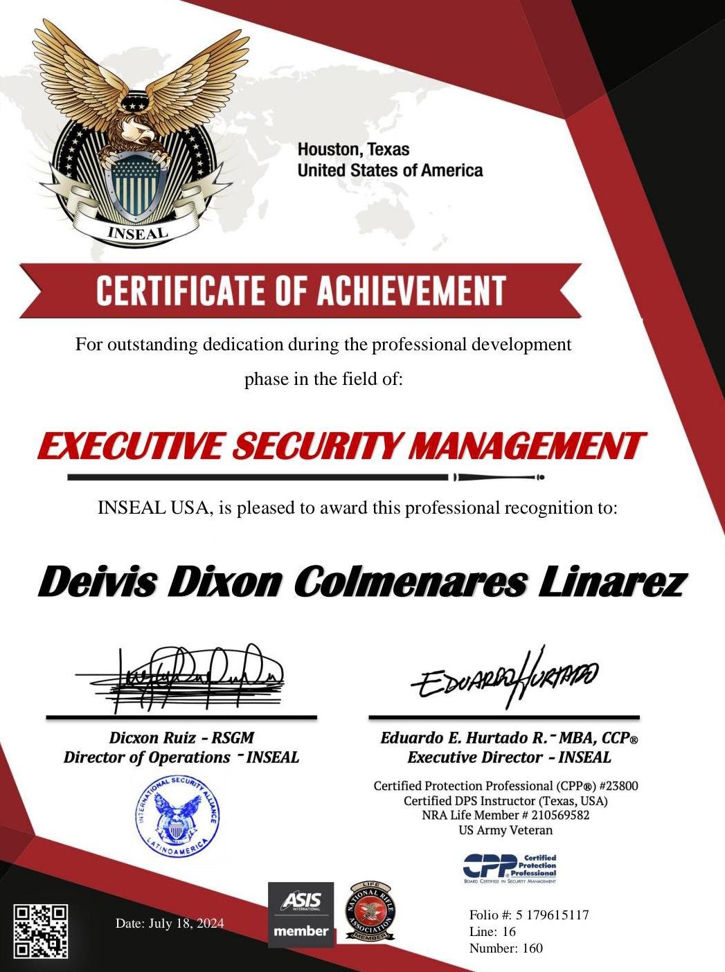 Certificado de logro en Executive Security Management, emitido por INSEAL USA en Houston el 18 de julio de 2024