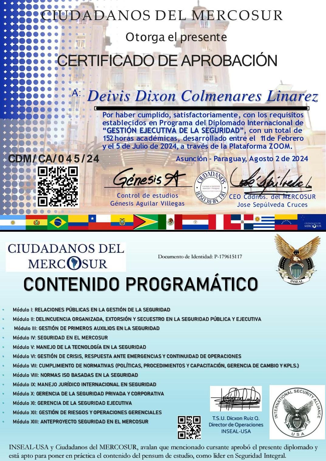 Certificado de aprobación del Diplomado Internacional en Gestión Ejecutiva de la Seguridad, Ciudadanos del Mercosur, 152 horas académicas, 2024